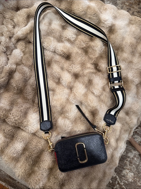 Marc Jacobs Handbags - Marc Jacobs Black & Red Camera Crossbody with Black & White Striped Strap